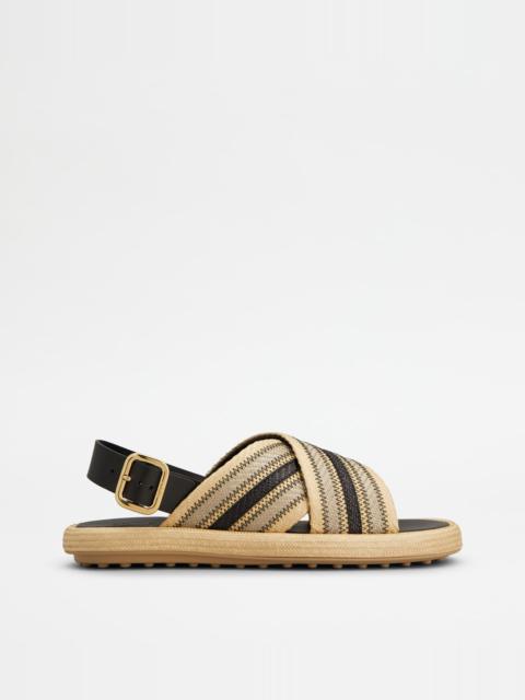 SANDALS IN FABRIC AND LEATHER - BEIGE, BLACK