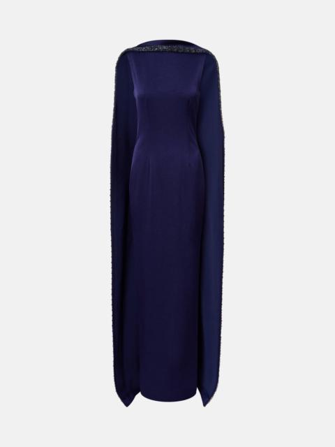 Embellished caped satin crêpe gown