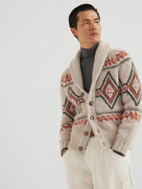 Geometric Jacquard cardigan alpaca, virgin wool and cashmere with metal buttons
