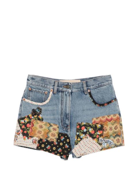 patchwork beaded-appliqué denim shorts