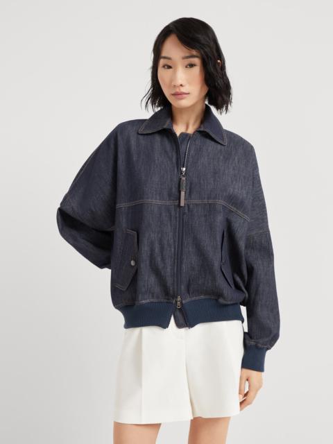 Denim-effect twill bomber jacket with shiny zipper pull
