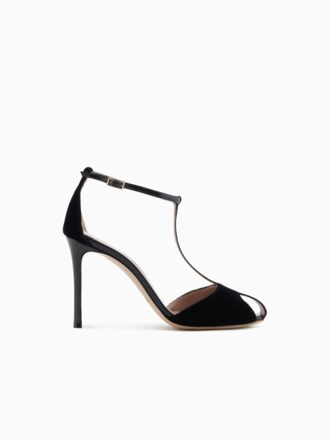 VELVET AND PATENT-LEATHER T-BAR HEELED SANDALS