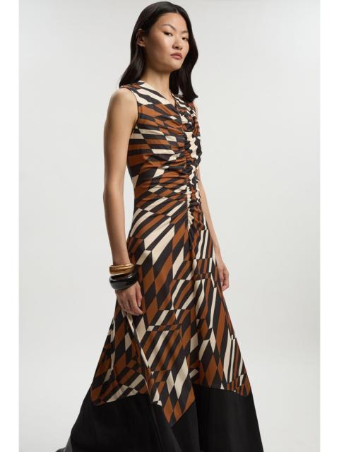 Geo Printed Jersey Crepe Hanky Hem Maxi Dress