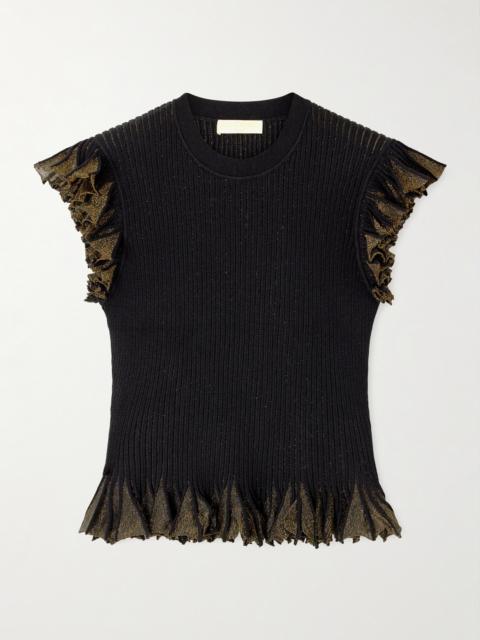 Leila Ruffled Ribbed Metallic-knit Top