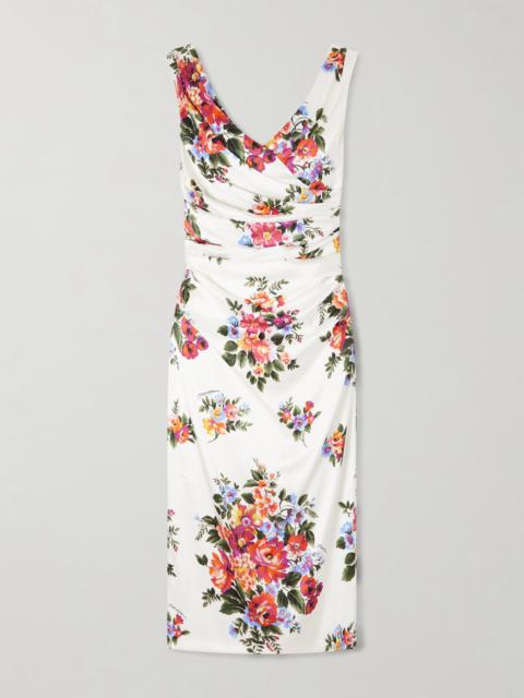 Off-the-shoulder Floral-print Satin Midi Dress