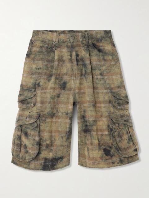 Checked Distressed Cotton-flannel Cargo Shorts