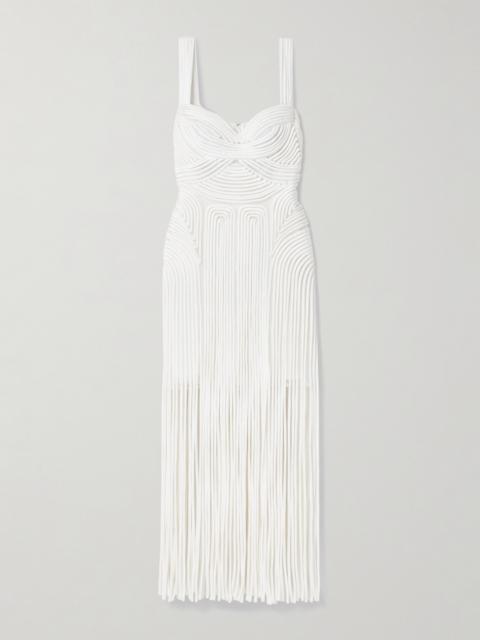 Darby Fringed Appliquéd Tulle Midi Dress