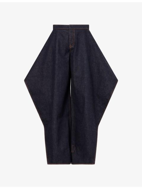 Ruffle-Hem Contrast-Stitch Denim Jeans