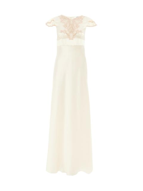CAP-SLEEVE COLUMN DRESS IN WASHED SILK SATIN & LACE