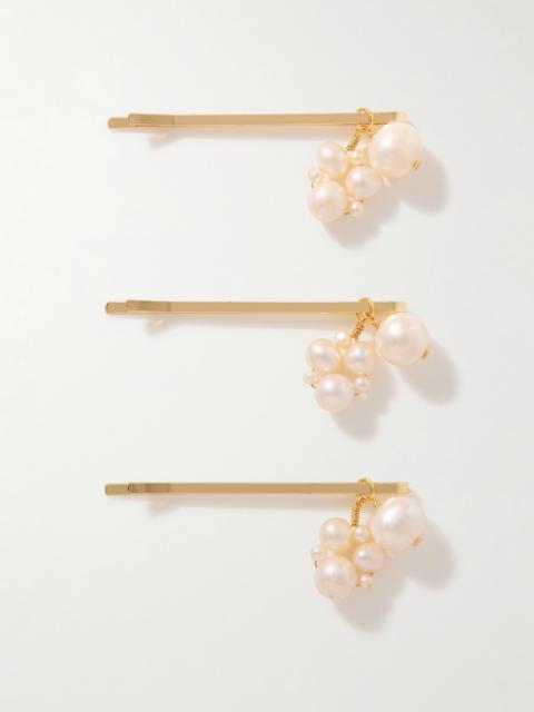 Set Of Three Gold-plated Pearl Hair Clips