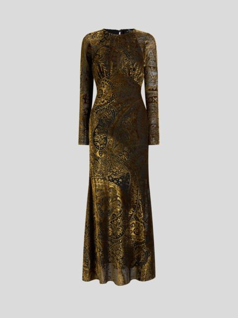 LONG BURNOUT VELVET DRESS WITH FLORAL PAISLEY MOTIF