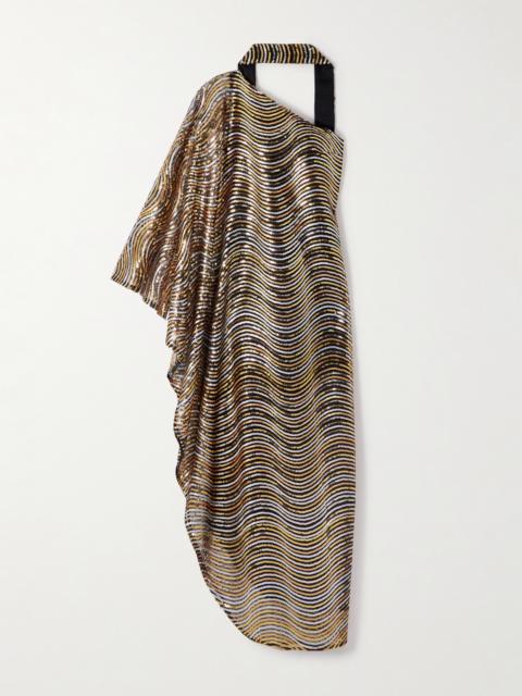 The Glaum One-shoulder Scarf-detailed Sequin-embellished Mesh Gown