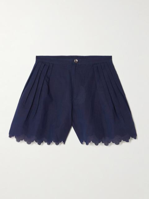 Kenya Scalloped Pleated Cotton And Linen-blend Shorts