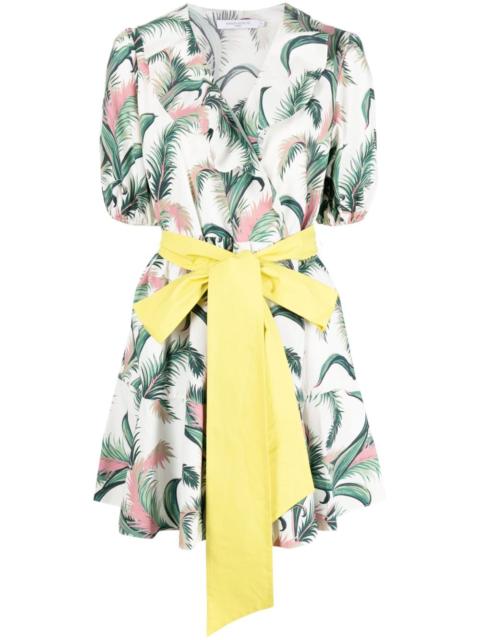 leaf-print belted wrap dress