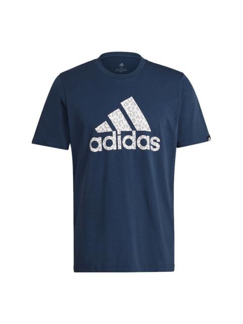 adidas M Leo Lg T Leopard print Logo Printing Sports Round Neck Short Sleeve Navy Blue GL2397
