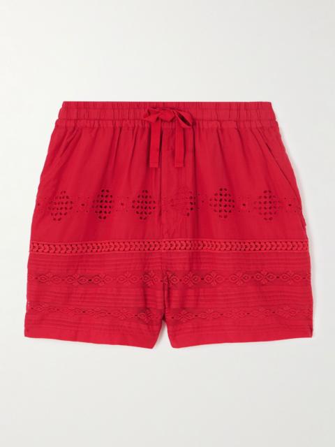 Damina crochet-trimmed broderie anglaise organic cotton-voile shorts Red