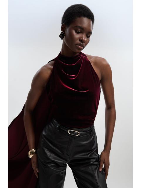 Stretch Velvet High Neck Cape Shoulder Bodysuit