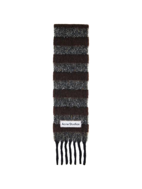 Brown & Gray Fringed Wool Skinny Scarf