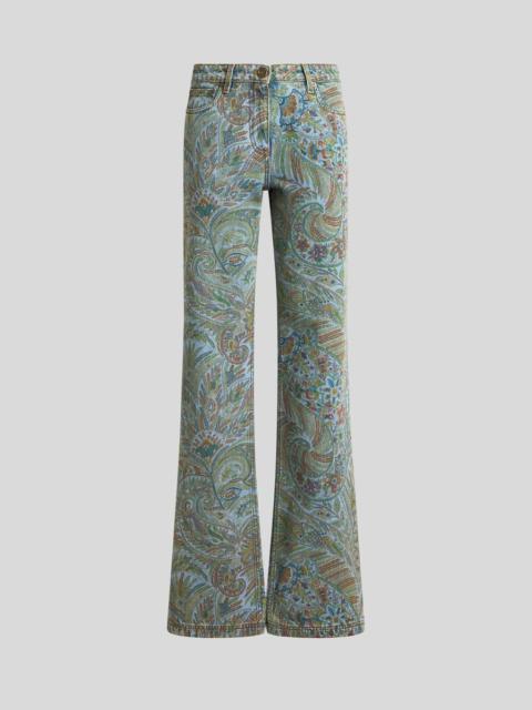 FLARED JEANS WITH LEAFY PAISLEY MOTIF