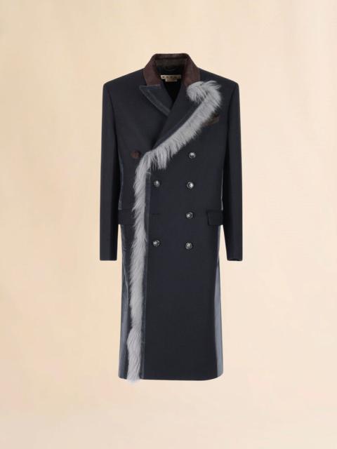 BLACK WOOL FELT COAT WITH FUR TRIM