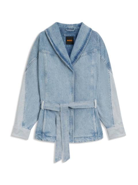 PEPLUM-HEM JACKET IN BLUE RIGID DENIM WITH BELT