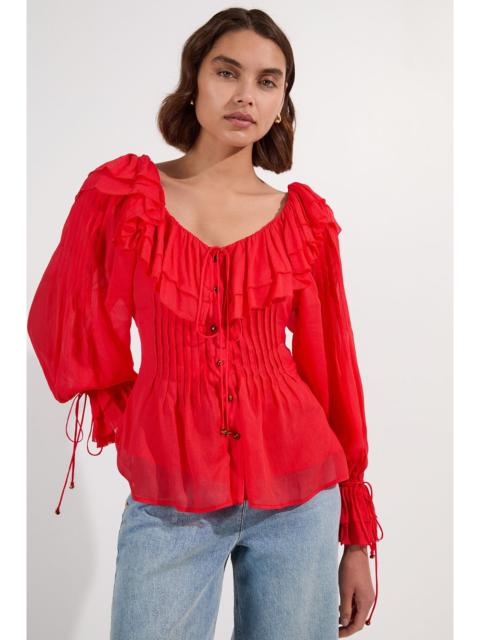 Crinkle Viscose Georgette Pin Tuck Detail Ruffle Woven Blouse