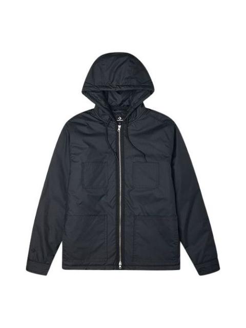 Men's Converse Casual Sports Cargo Hooded Long Sleeves Padded Black Jacket 10021637-A01