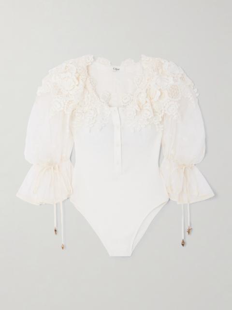 Embellished Lace-trimmed Cotton Bodysuit