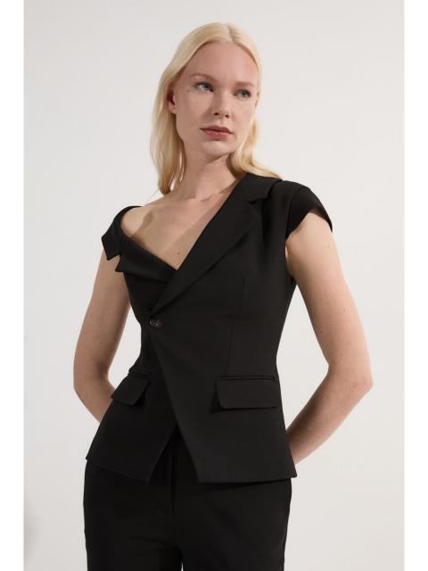 Compact Stretch Asymmetric Collar Belted Tailored Top