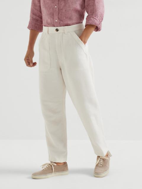 Linen and cotton drill trousers with patch pockets and drawstring