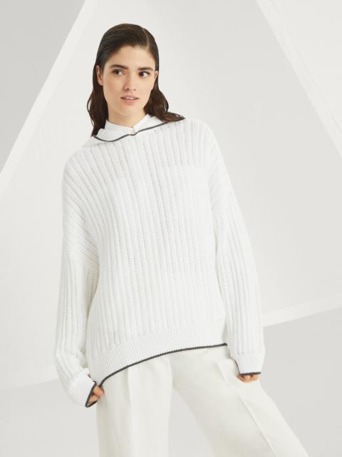 Openwork rib knit hooded sweatshirt in cotton with monili