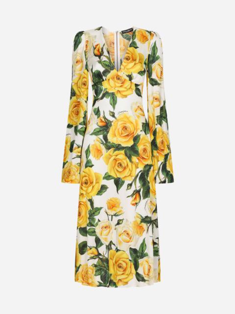 Dolce & Gabbana Organzine V-neck dress with yellow rose print -  F6CQETFS8C3HA3VO | REVERSIBLE