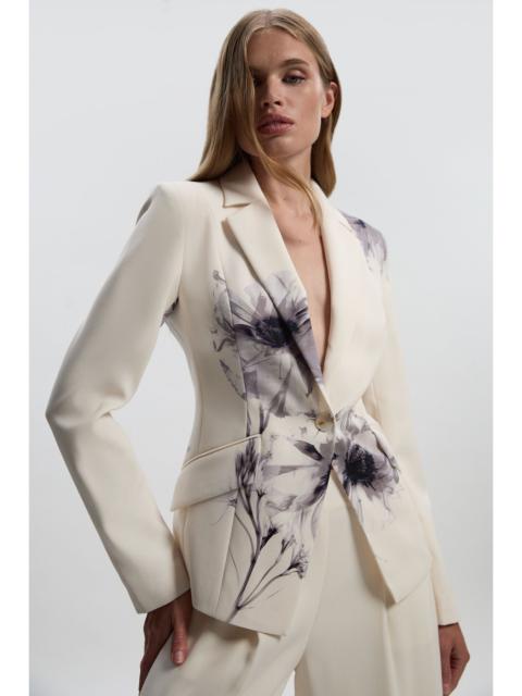 Floral Placement Print Tailored Crepe Single Breasted Blazer Jacket