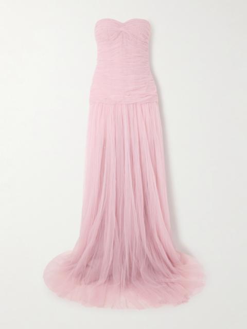 Strapless Bead-embellished Plissé-tulle Gown