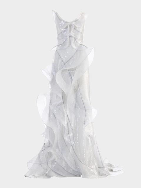 Refraction Strapless Ruffle Sequin Trumpet Gown