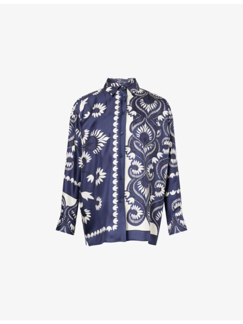 Graphic-Print Patch-Pocket Silk Blouse