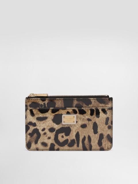 Medium leopard-print polished calfskin card holder with zipper