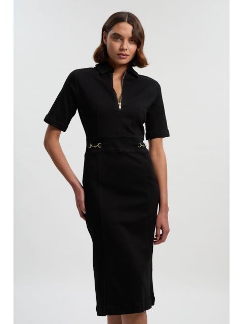Stretch Denim Snaffle Trim Collared Midi Dress