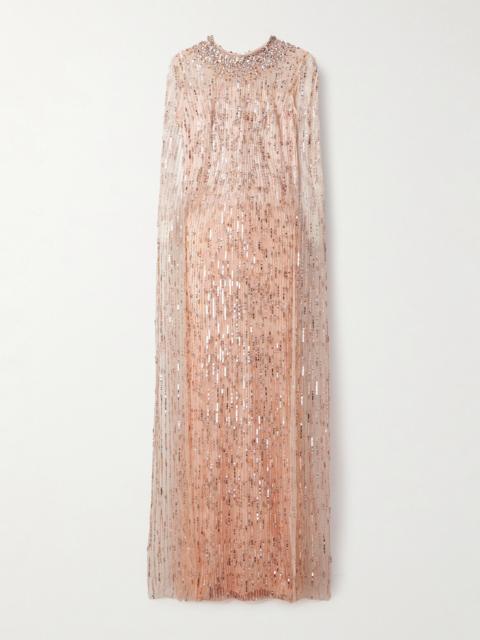 Cape-effect Embellished Tulle Gown