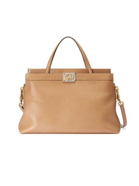 Leather medium top handle with Interlocking G