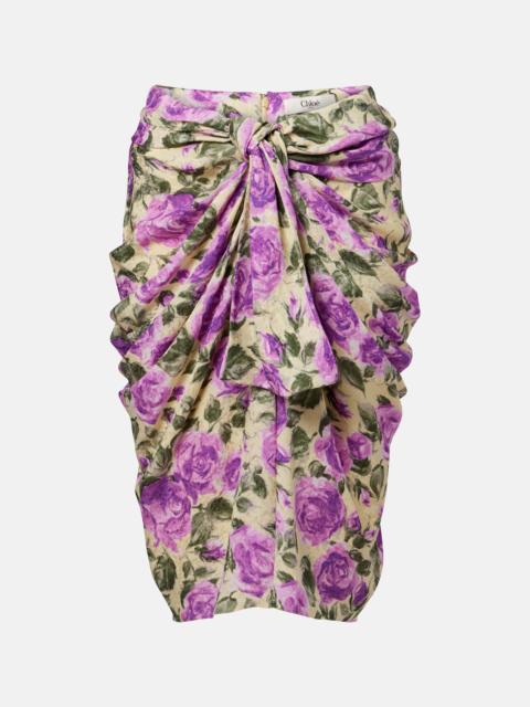 Draped floral silk midi skirt