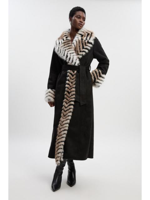 Petite Faux Shearling Contrast Collar & Cuff Belted Maxi Coat