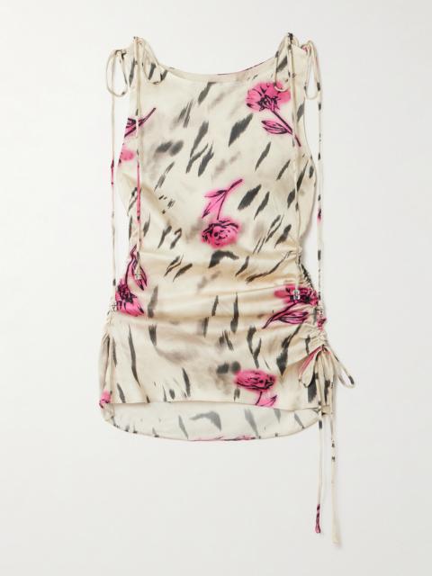 Tie-detailed Gathered Printed Satin Top