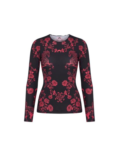 Lunar New Year Line Horses Print Long Sleeve Crewneck