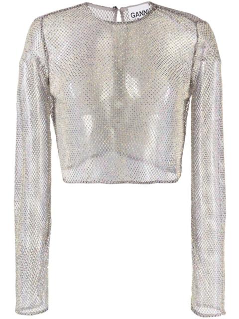 crystal-embellished cropped mesh blouse