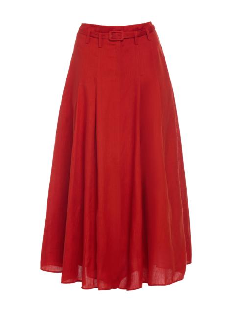 Dugald Pleated Midi Skirt in Antelope Orange Aloe Linen