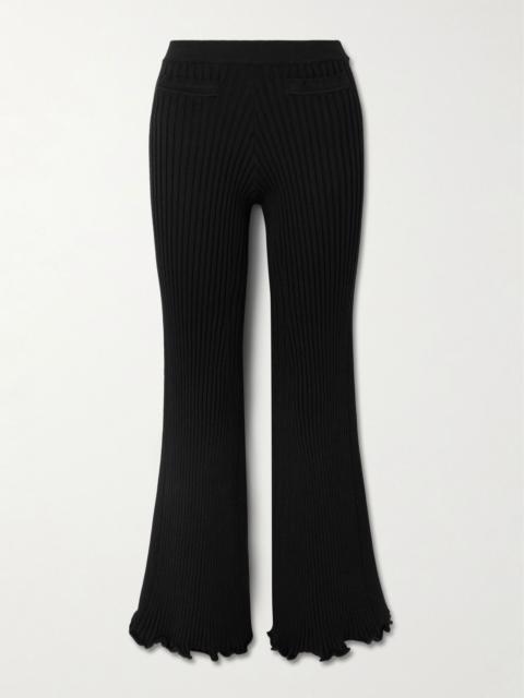 Ruffled ribbed-knit flared pants Black