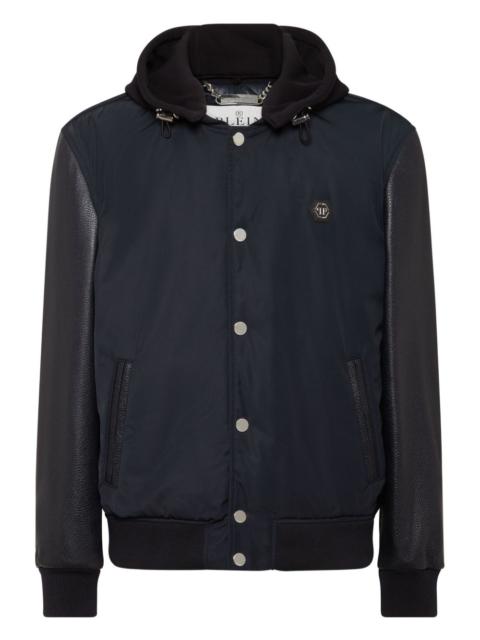 leather-sleeve hooded bomber jacket