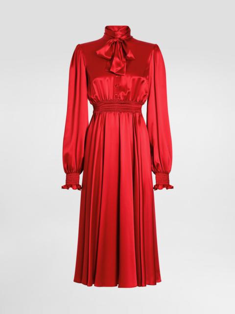 Silk satin shirt dress with pussy-bow