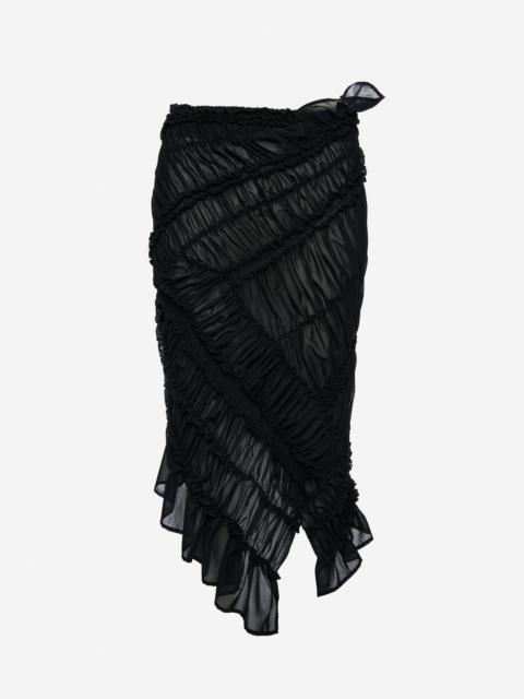 Asymmetric ruched midi skirt in black